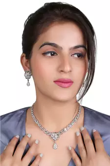 	Mad Club Classic Style American Diamond Studded Rhodium White Silver-Plated Necklace Set With Earrings for Women	