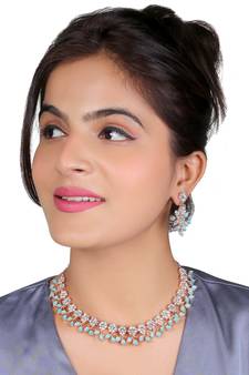 Classic Style AD/American Diamond Studded Ferozi Colour SilvervPlated Handcrafted Circle Necklace Set for Women & Girls