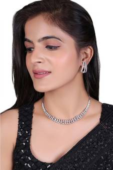 	Mad Club Classic Style American Diamond Studded Rhodium White Silver-Plated Necklace Set With Earrings for Women