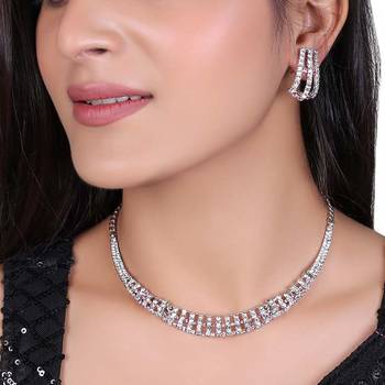 	Mad Club Classic Style American Diamond Studded Rhodium White Silver-Plated Necklace Set With Earrings for Women 2