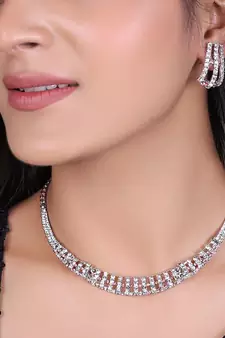 	Mad Club Classic Style American Diamond Studded Rhodium White Silver-Plated Necklace Set With Earrings for Women
