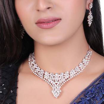 American Diamond Rose Gold-Plated Necklace with Earrings for Women, Girls - Jewellery Set for Wedding, (Rose Gold) 2