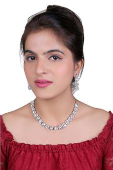 Mad Club Classic Style American Diamond Studded Rhodium White Silver-Plated Necklace Set With Earrings for Women	