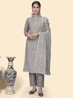Vbuyz Women'S Print & Embroidered Straight Cotton Grey Stitched Kurta Pant With Dupatta 1