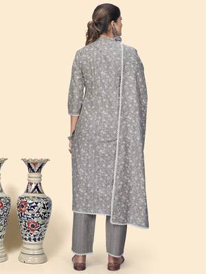 Vbuyz Women'S Print & Embroidered Straight Cotton Grey Stitched Kurta Pant With Dupatta 3
