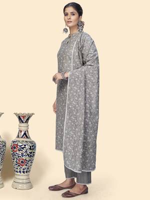 Vbuyz Women'S Print & Embroidered Straight Cotton Grey Stitched Kurta Pant With Dupatta 4
