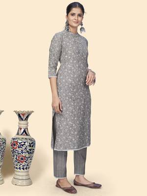 Vbuyz Women'S Print & Embroidered Straight Cotton Grey Stitched Kurta Pant With Dupatta 5