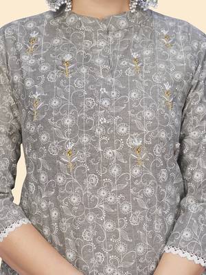 Vbuyz Women'S Print & Embroidered Straight Cotton Grey Stitched Kurta Pant With Dupatta 7