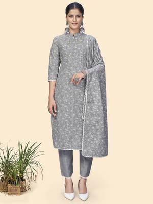 Vbuyz Women'S Print & Embroidered Straight Cotton Light Grey Stitched Kurta Pant With Dupatta 1