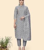 Vbuyz Women'S Print & Embroidered Straight Cotton Light Grey Stitched Kurta Pant With Dupatta