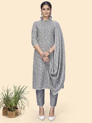 Vbuyz Women'S Print & Embroidered Straight Cotton Light Grey Stitched Kurta Pant With Dupatta 2