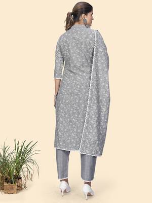 Vbuyz Women'S Print & Embroidered Straight Cotton Light Grey Stitched Kurta Pant With Dupatta 3