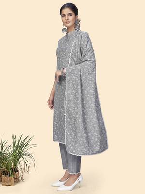 Vbuyz Women'S Print & Embroidered Straight Cotton Light Grey Stitched Kurta Pant With Dupatta 4