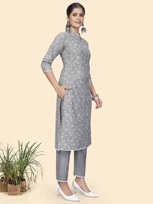 Vbuyz Women'S Print & Embroidered Straight Cotton Light Grey Stitched Kurta Pant With Dupatta 5