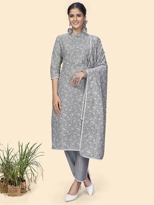 Vbuyz Women'S Print & Embroidered Straight Cotton Light Grey Stitched Kurta Pant With Dupatta 10