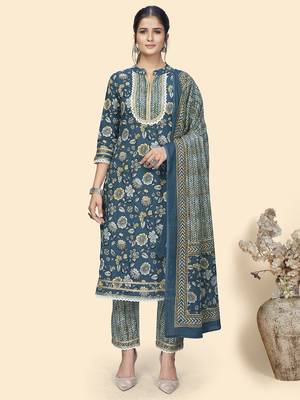 Vbuyz Women'S Floral Print & Lace Work Straight Cotton Blue Stitched Kurta Pant With Dupatta 1