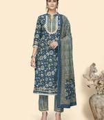 Vbuyz Women'S Floral Print & Lace Work Straight Cotton Blue Stitched Kurta Pant With Dupatta