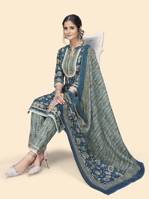 Vbuyz Women'S Floral Print & Lace Work Straight Cotton Blue Stitched Kurta Pant With Dupatta 2