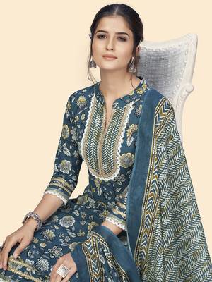 Vbuyz Women'S Floral Print & Lace Work Straight Cotton Blue Stitched Kurta Pant With Dupatta 6