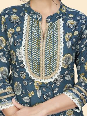 Vbuyz Women'S Floral Print & Lace Work Straight Cotton Blue Stitched Kurta Pant With Dupatta 7