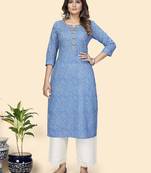 Vbuyz Women'S Print & Gota Work Straight Cotton Blue Stitched Kurta