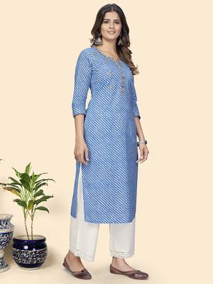 Vbuyz Women'S Print & Gota Work Straight Cotton Blue Stitched Kurta 5