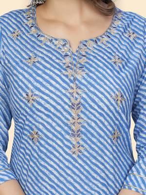 Vbuyz Women'S Print & Gota Work Straight Cotton Blue Stitched Kurta 7