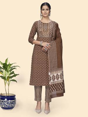 Vbuyz Women'S Print & Embroidered Straight Cotton Brown Stitched Kurta Pant With Dupatta 1