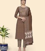 Vbuyz Women'S Print & Embroidered Straight Cotton Brown Stitched Kurta Pant With Dupatta
