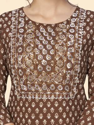 Vbuyz Women'S Print & Embroidered Straight Cotton Brown Stitched Kurta Pant With Dupatta 7