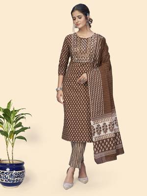 Vbuyz Women'S Print & Embroidered Straight Cotton Brown Stitched Kurta Pant With Dupatta 10