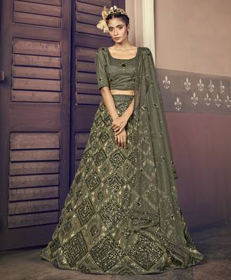 Shubhkala Captivating Olive Green Olive Net Embroidered Lehenga Choli With Dupatta 1