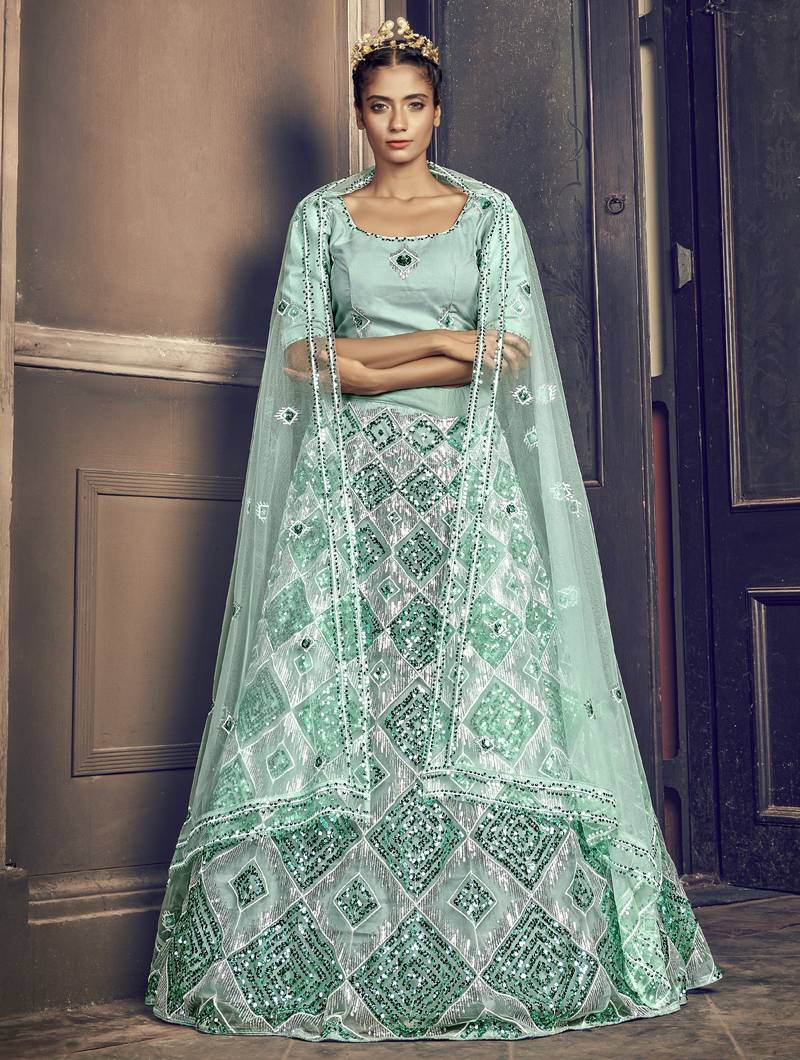 Shubhkala Appealing Turquoise Blue Net Embroidered Ghagra Choli With Dupatta