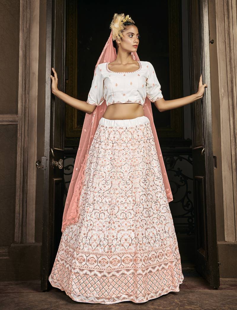 Shubhkala Mesmerizing Pearl White Sequins Embroidered Georgette Wedding Lehenga