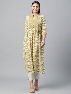 Olive printed cotton ethnic-kurtis 1