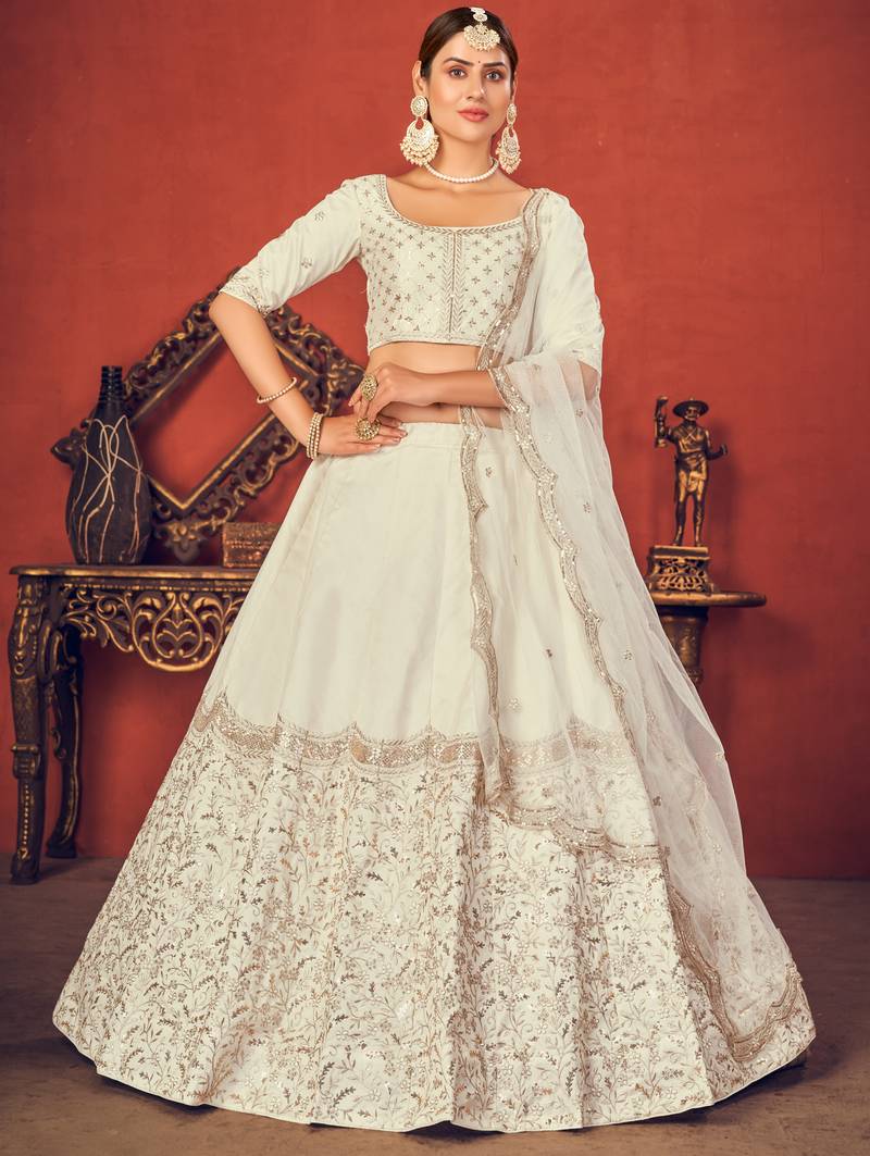 Shubhkala Delightfully Pearl White Thread With Sequins Embroidered Art Silk Semi Stitched Lehenga