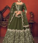 Shubhkala Mesmerizing Olive Green Thread And Sequins Embroidered Art Silk Party Wear Lehenga Choli