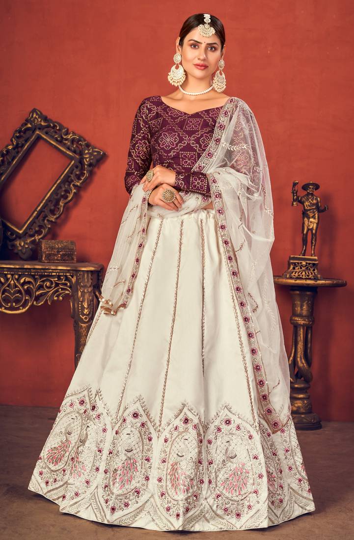 Shubhkala Beauteous Pearl White & Wine Thread And Sequins Embroidered Art Silk Lehenga Choli