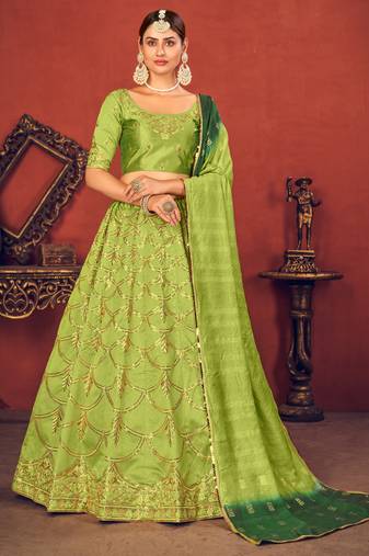 Shubhkala Intriguing Fluorescent Green Thread And Sequins Embroidered Art Silk Party Wear Lehenga Choli