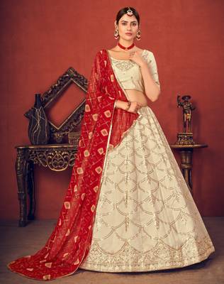 Shubhkala Appetizing Beige Thread With Sequins Embroidered Art Silk Wedding Lehenga Choli 1