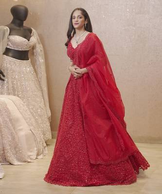Red Fully Embellished Organza Lehenga 4