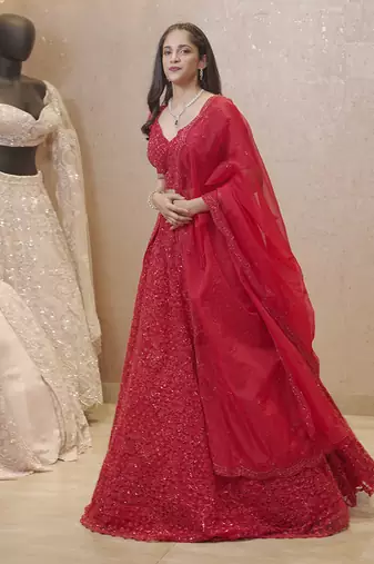 Red Fully Embellished Organza Lehenga
