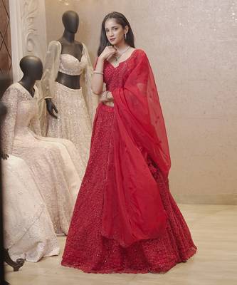 Red Fully Embellished Organza Lehenga 1