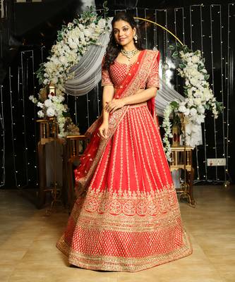 Red Lehenga And Blouse In Raw Silk Fabric. 1