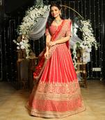 Red Lehenga And Blouse In Raw Silk Fabric.