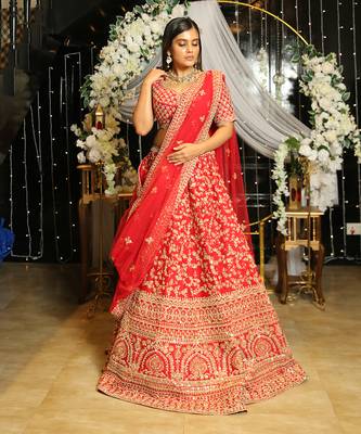 Red Hand Embroidered Lehenga Set 1