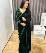 Green embroidered velvet saree with blouse