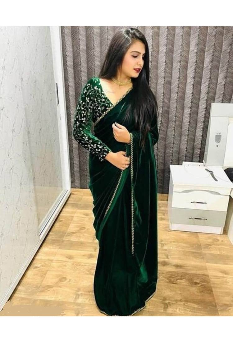 Green embroidered velvet saree with blouse