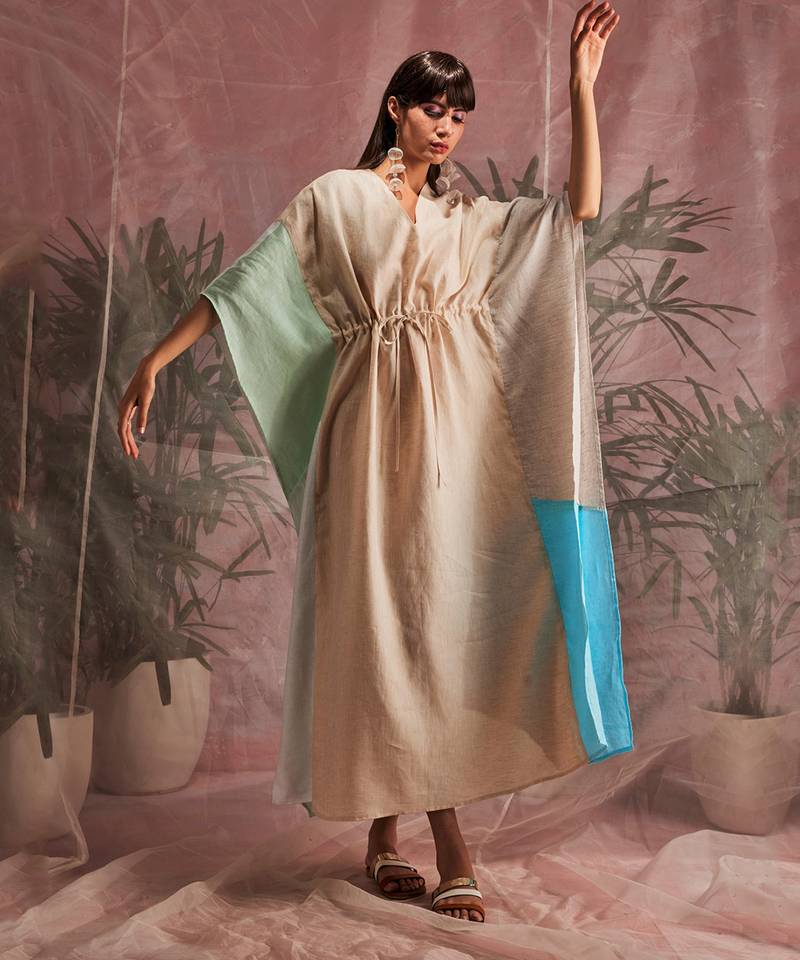 Multicolored Linen Paneled Kaftan