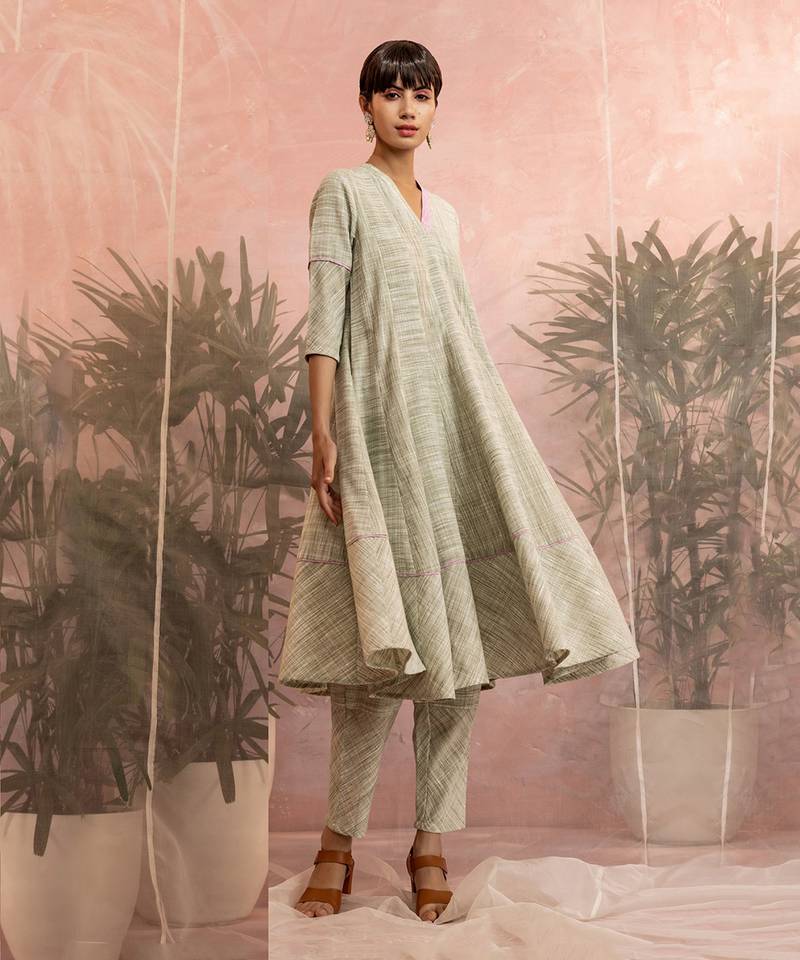 Olive Textured Flared Anarkali With Pant And Dupatta 